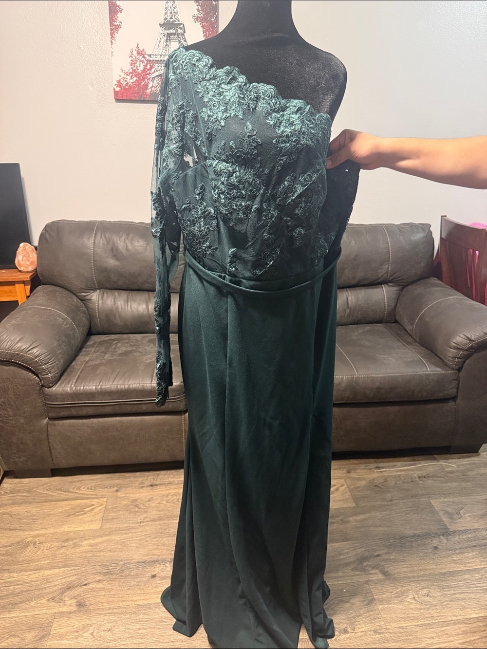 Fashion Nova One-Shoulder Lace Appliqué Gown in Dark Green